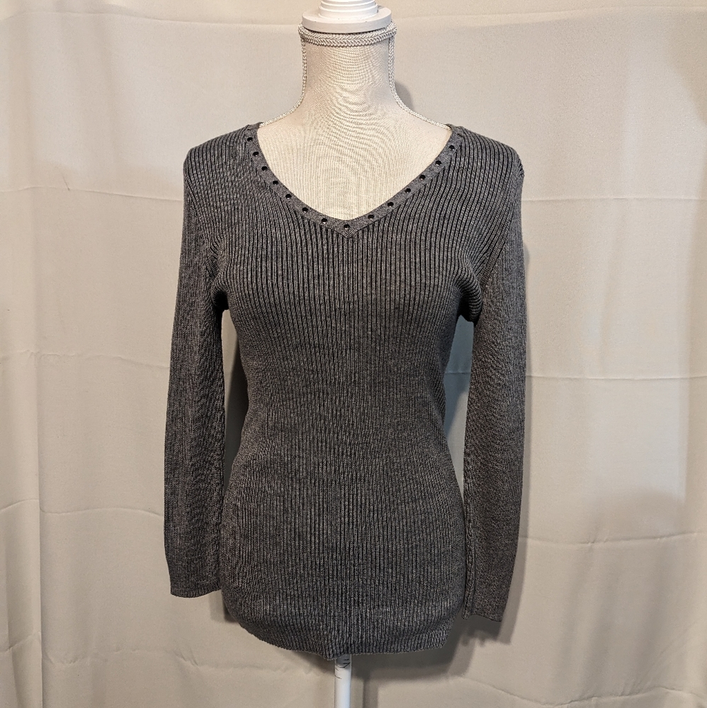 AJ Andrea Jovine Sweater. Gray with metal embellished neckline